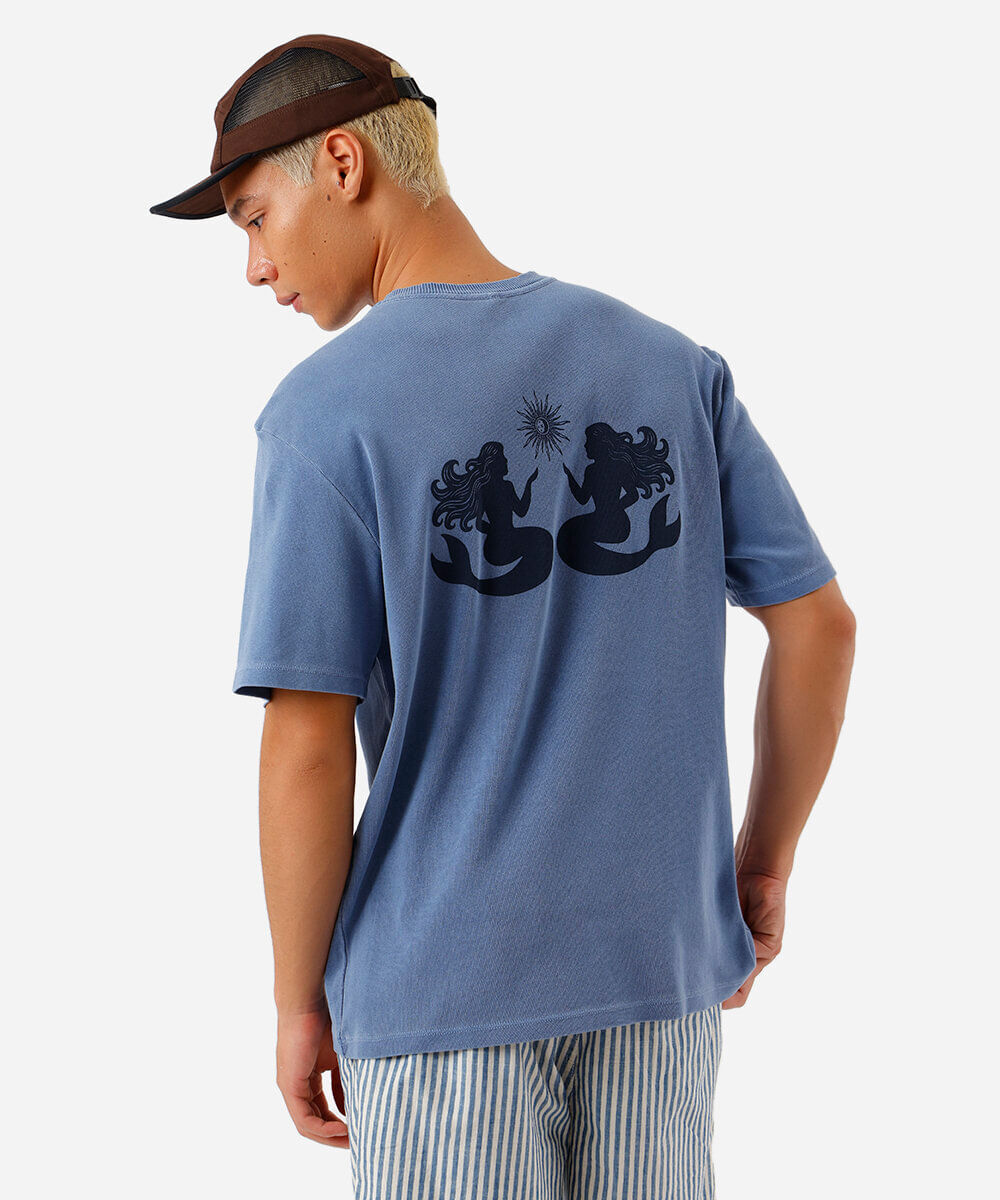 camiseta masculina de algodão estonada estampada azul