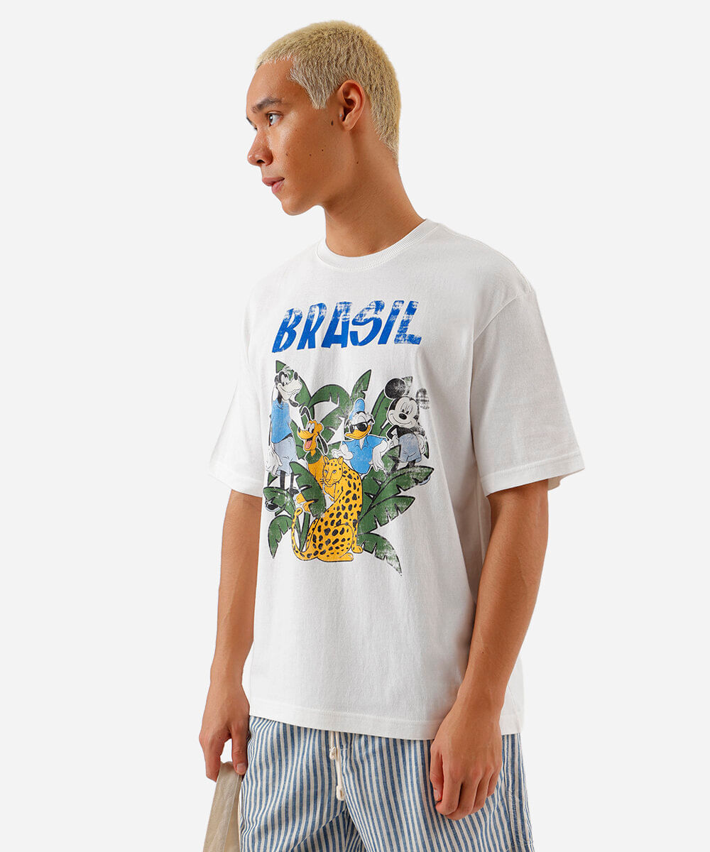 camiseta masculina de algodão mickey brasil off white