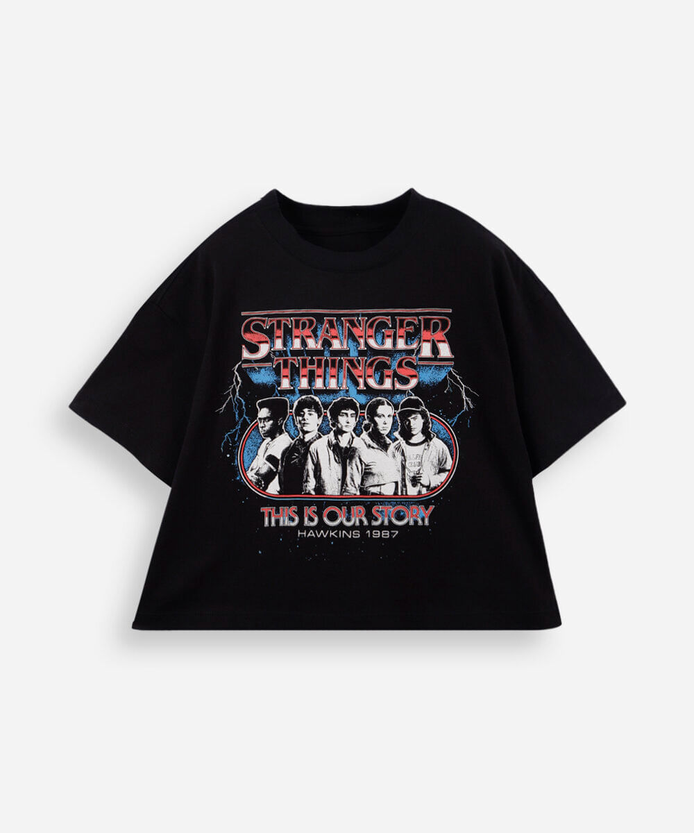 cropped juvenil de algodão stranger things preto