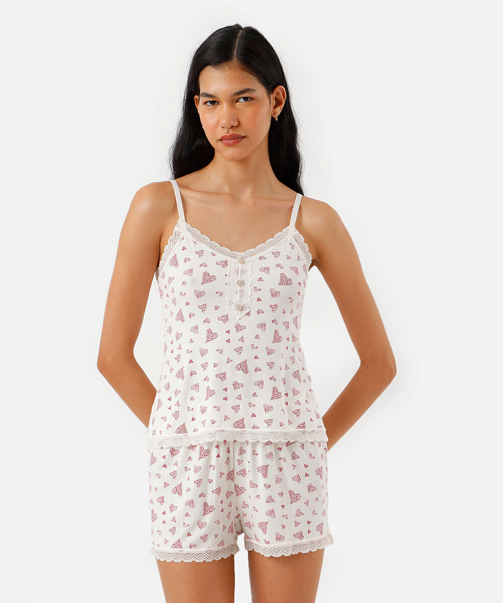 pijama short doll feminino corações off white