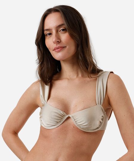 biquíni top meia taça feminino franzido acetinado bege M biquíni top meia taça feminino franzido acetinado bege M
