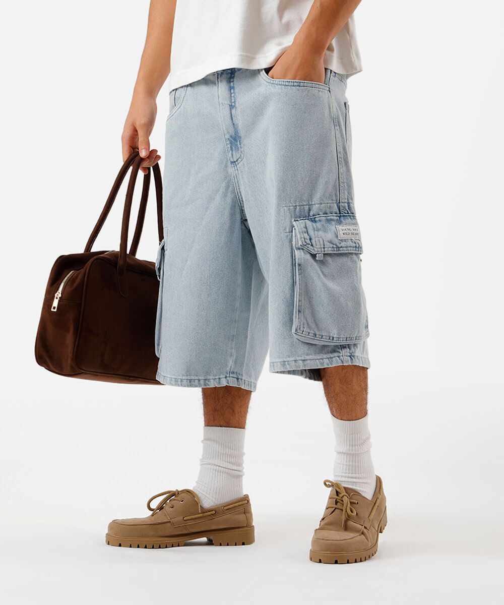 bermuda jeans cargo fit azul claro