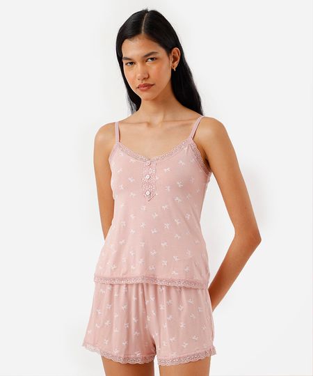 pijama short doll feminino em viscose com laços rosa G