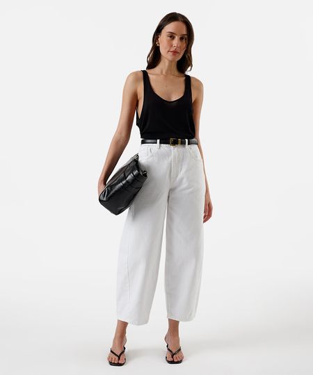 calça barrel feminina de sarja com recorte  off white 38