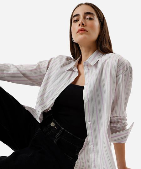 camisa oversized feminina listrada lilás PP