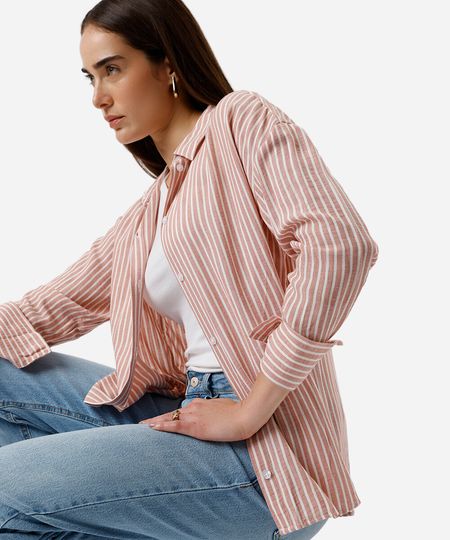 camisa com linho manga longa listrada rosa PP camisa com linho manga longa listrada rosa PP
