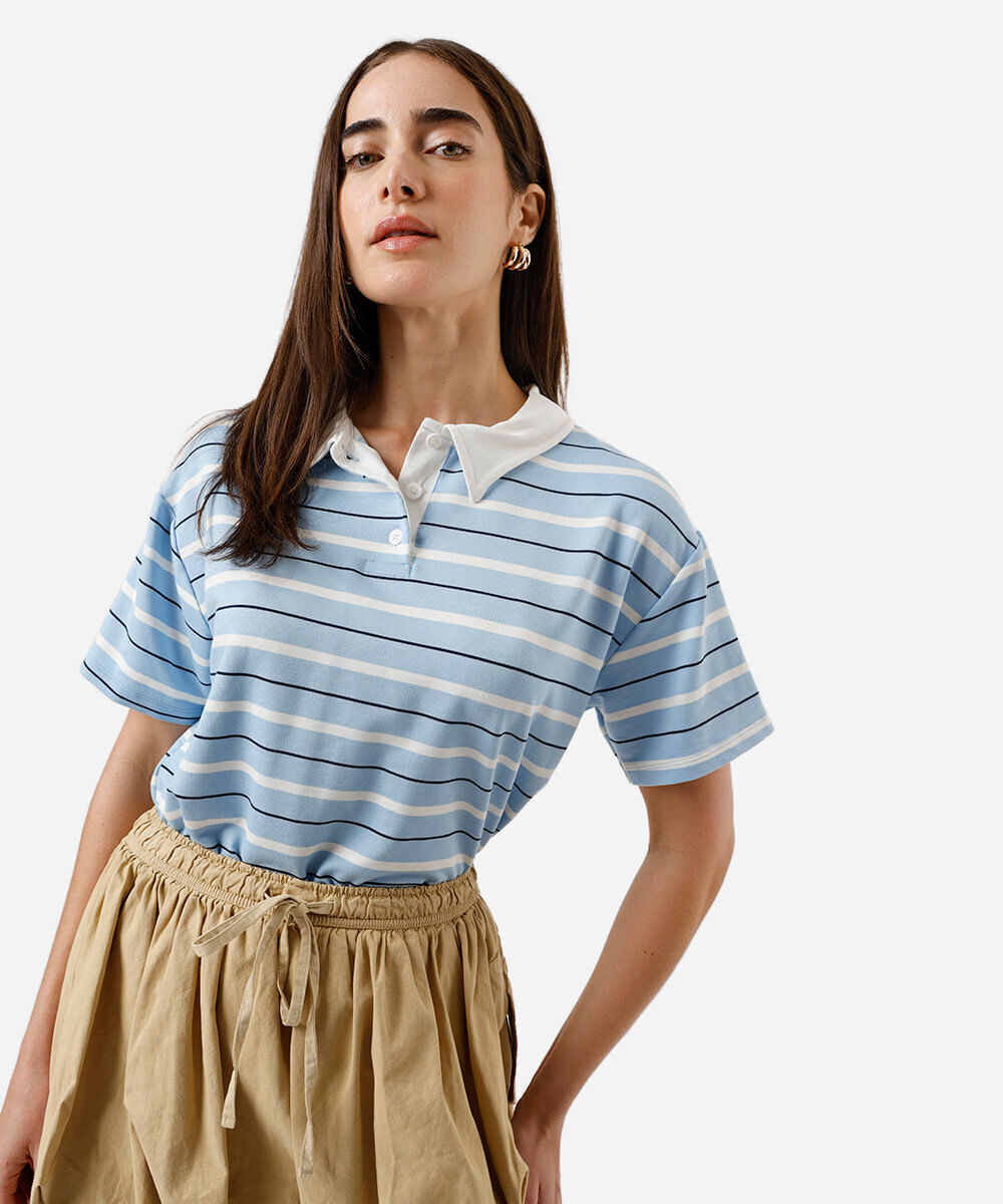 polo box fit feminina com viscose listrada azul