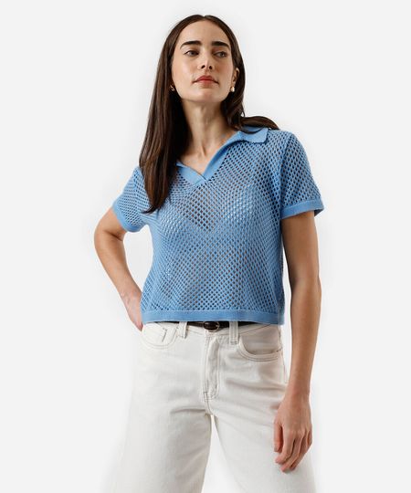 polo feminina de tricot azul M polo feminina de tricot azul M