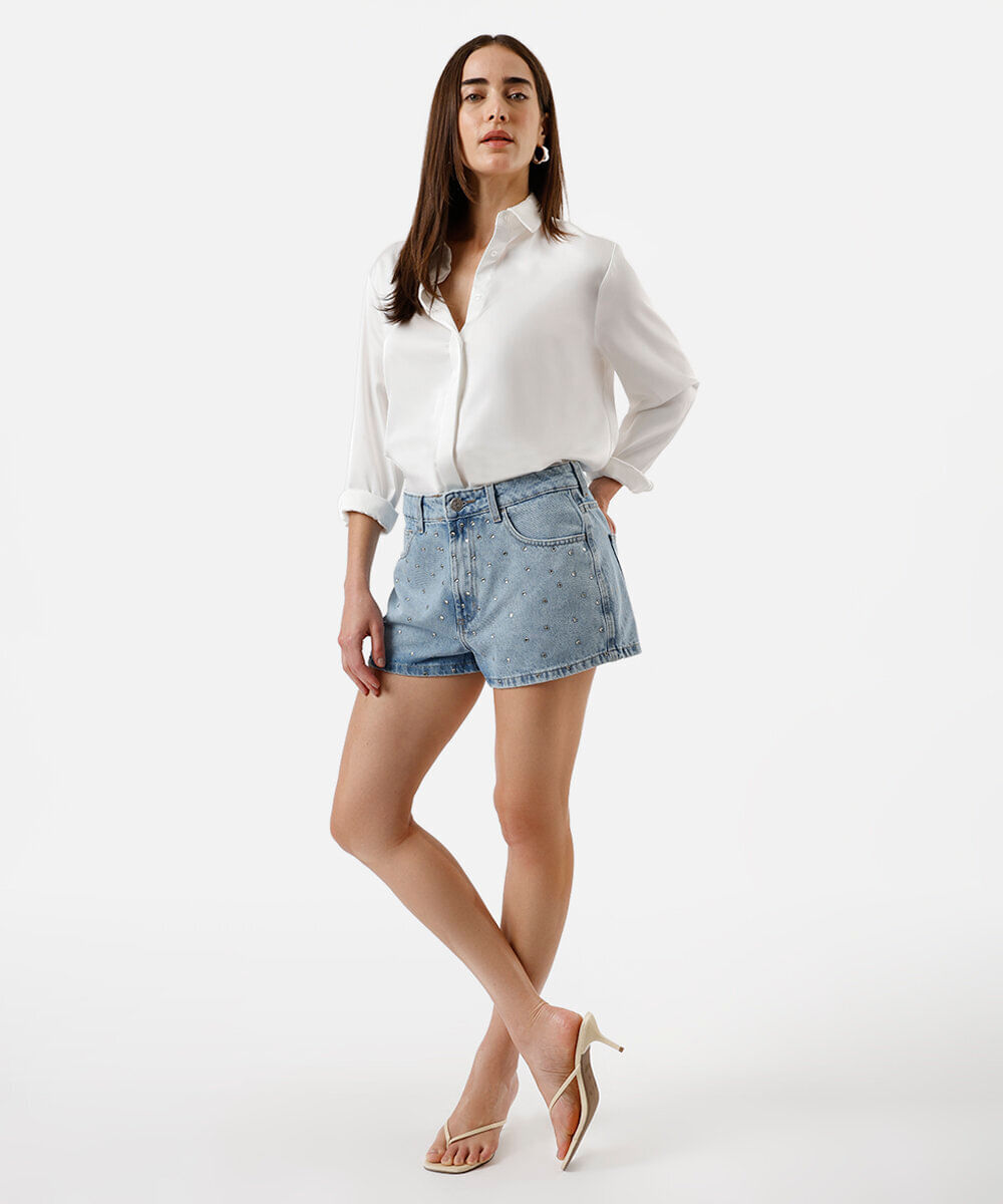short curto feminino jeans com brilhos azul