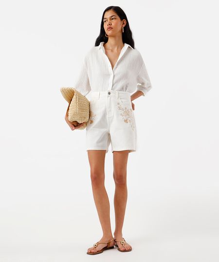 bermuda mom feminina de sarja com bordado floral off white 38 bermuda mom feminina de sarja com bordado floral off white 38