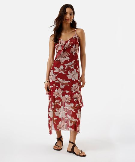 vestido midi alça fina feminino de tule com babados e fenda floral vinho PP vestido midi alça fina feminino de tule com babados e fenda floral vinho PP