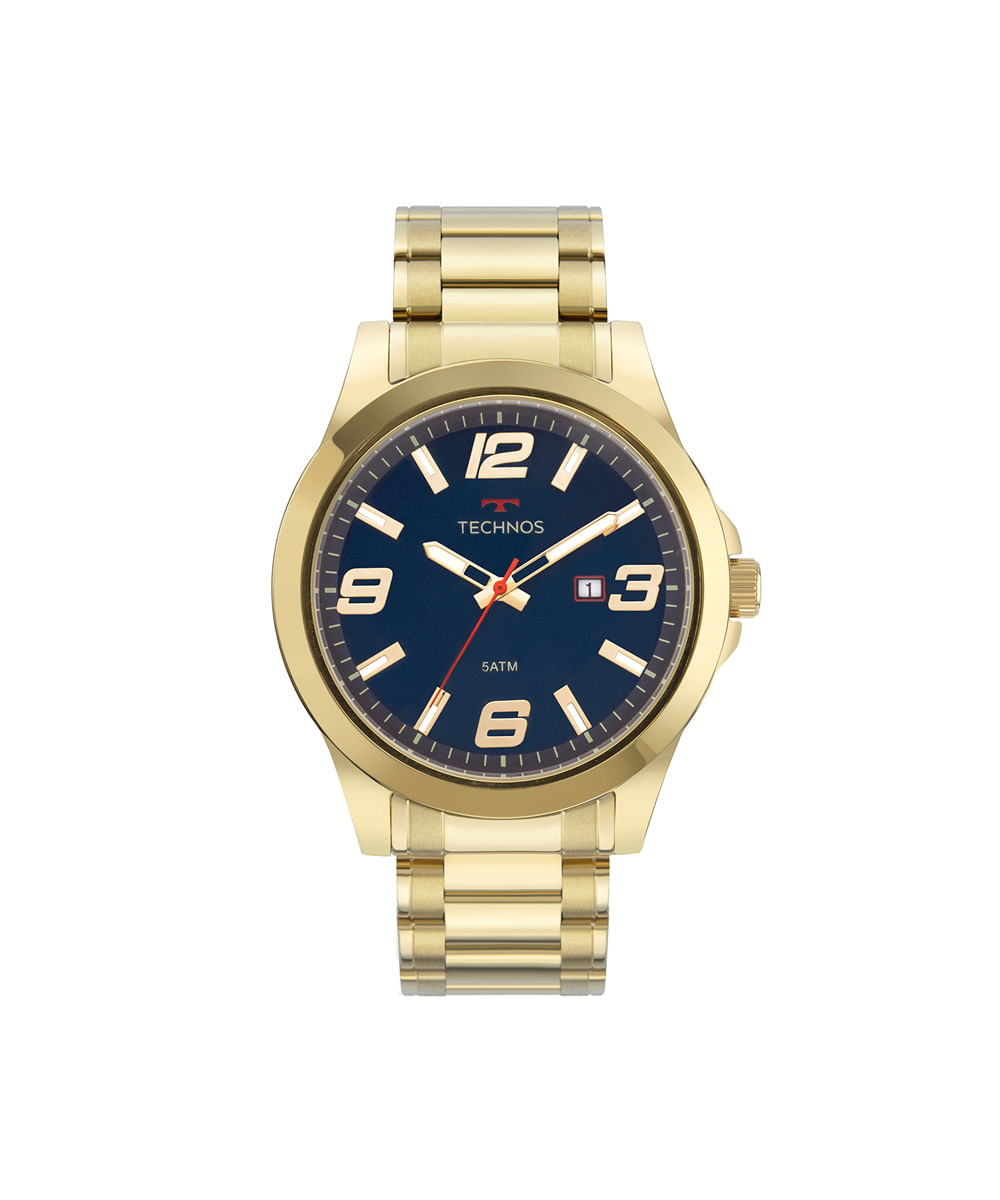 kit relógio masculino technos analógico calendário 2115mpisk4a dourado