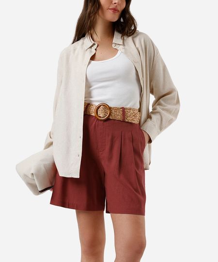 short reto feminino com linho e cinto marrom 44 short reto feminino com linho e cinto marrom 44