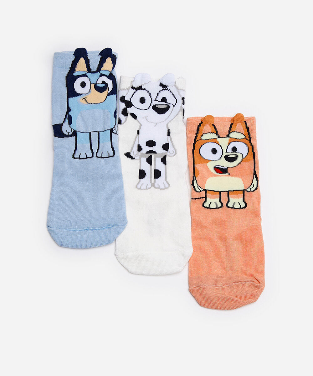kit de 3 meias infantis cano curto bluey colorido