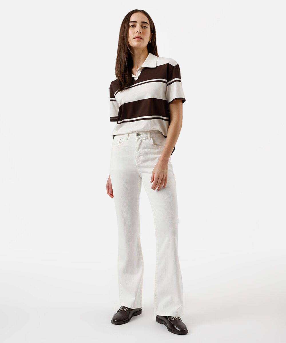 calça flare feminina de sarja cintura alta off white