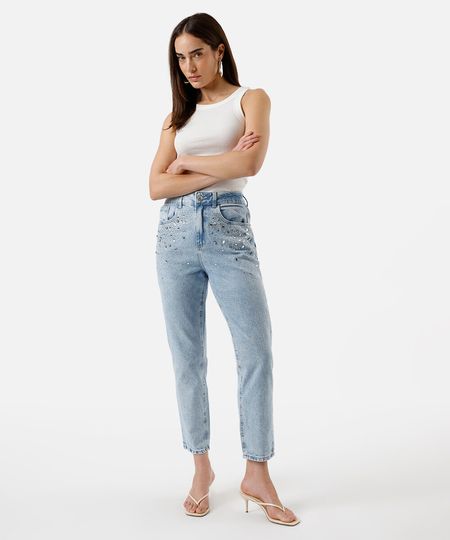 calça mom feminina jeans com brilhos azul 36