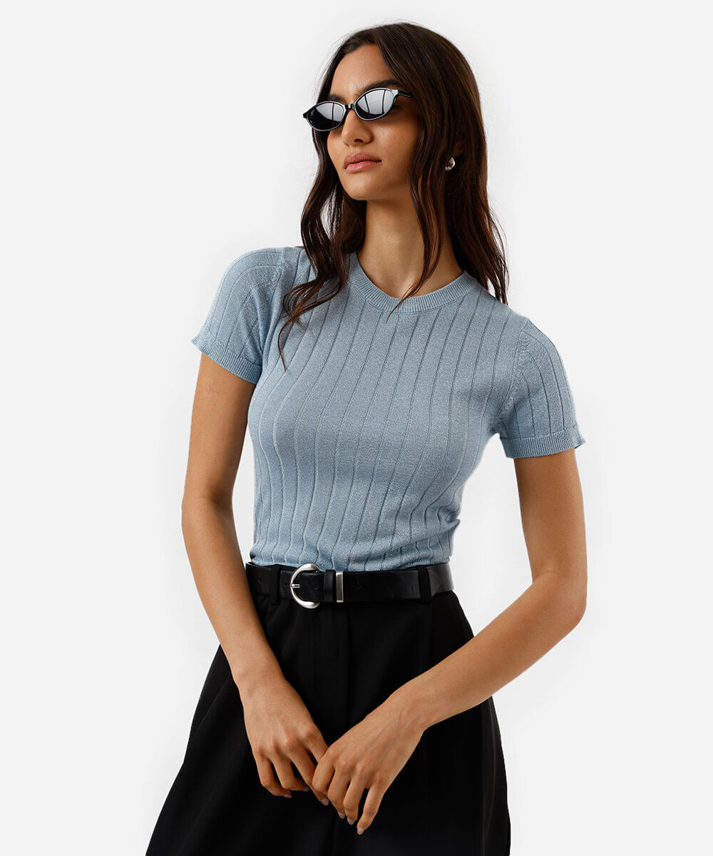 blusa feminina de tricot canelada com lurex azul
