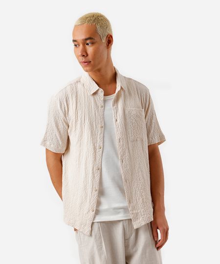camisa masculina com bolso texturizada bege PP