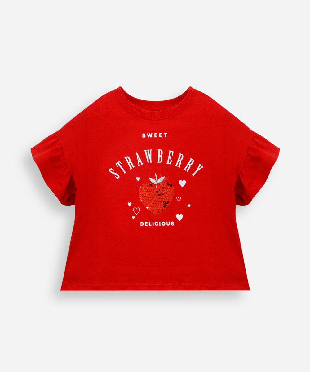 camiseta infantil de algodão com paetê vermelho