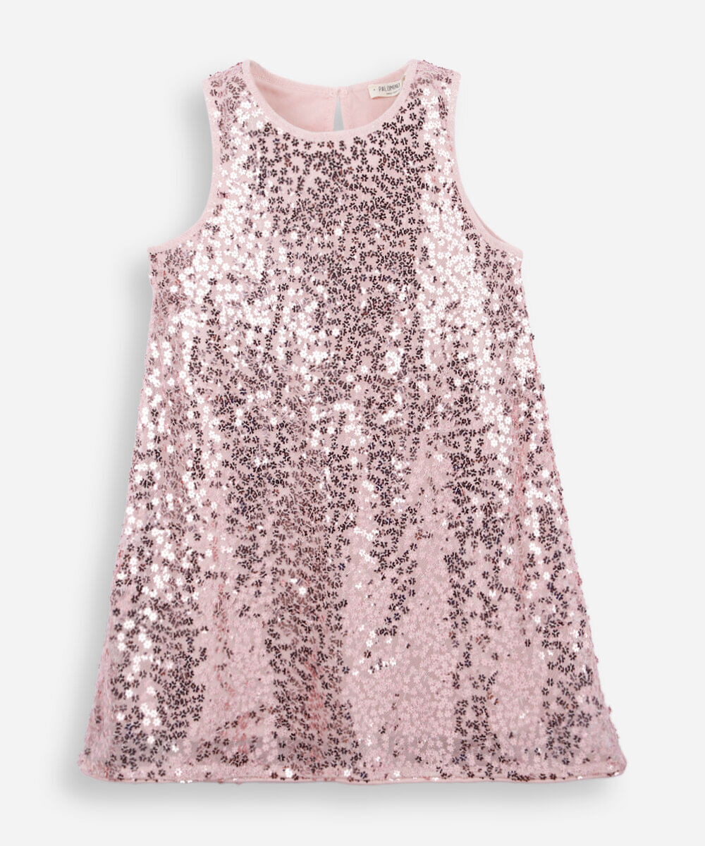 vestido evasê infantil de paetê rosa