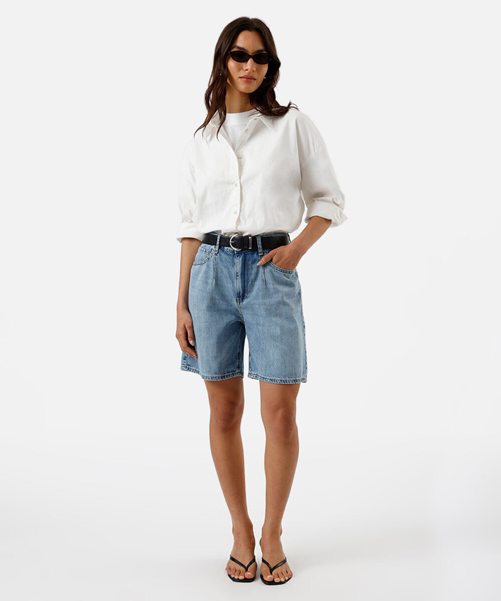 bermuda feminina jeans cintura média azul