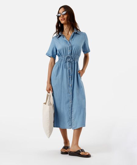 vestido feminino jeans midi manga curta azul GG vestido feminino jeans midi manga curta azul GG