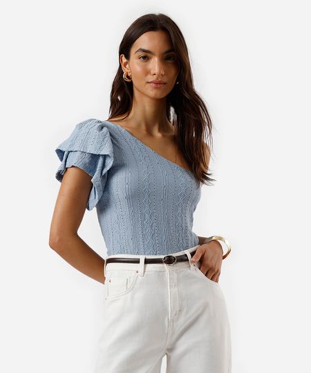 blusa ombro único feminina de laise com babados azul PP blusa ombro único feminina de laise com babados azul PP