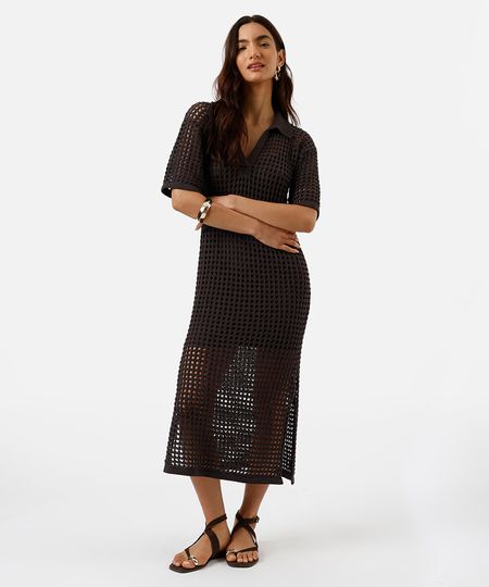 vestido midi feminino de tricot gola polo marrom M