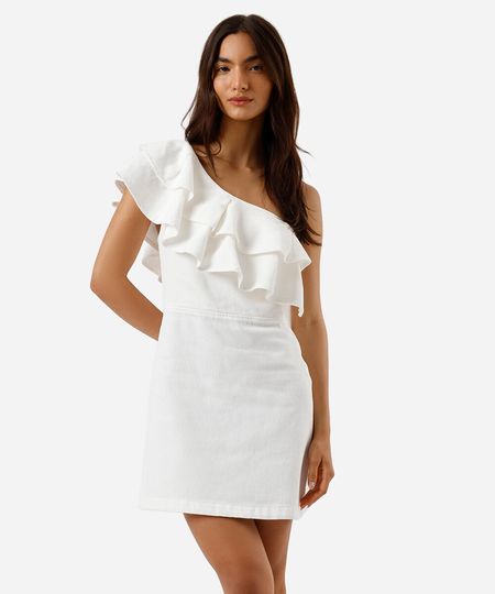 vestido curto ombro único feminino de sarja com babados off white PP vestido curto ombro único feminino de sarja com babados off white PP