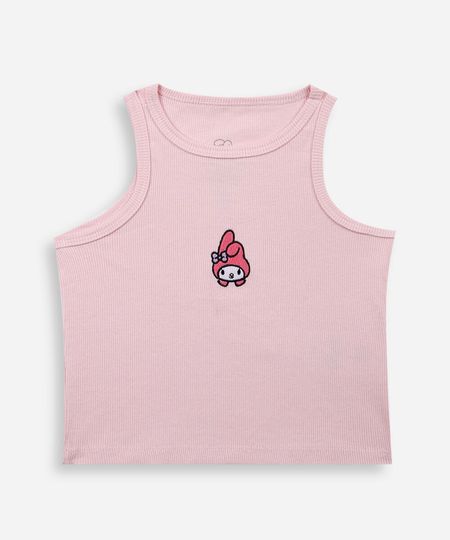 regata infantil de algodão bordado my melody canelada rosa 10