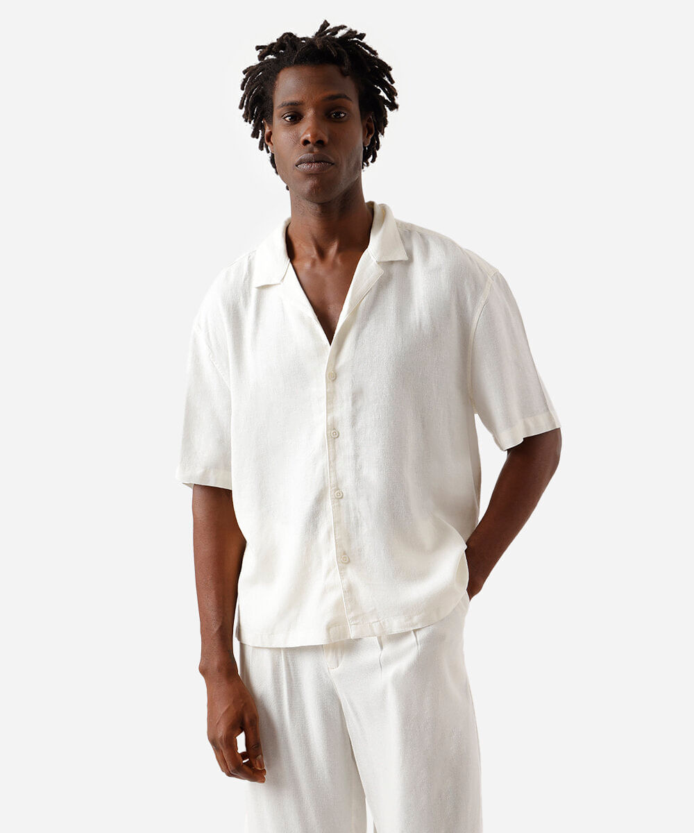 camisa box fit masculina com linho manga curta off white