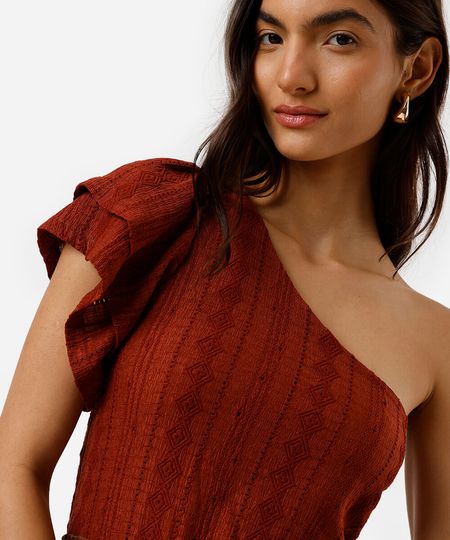 blusa ombro único feminina de laise com babados marrom G