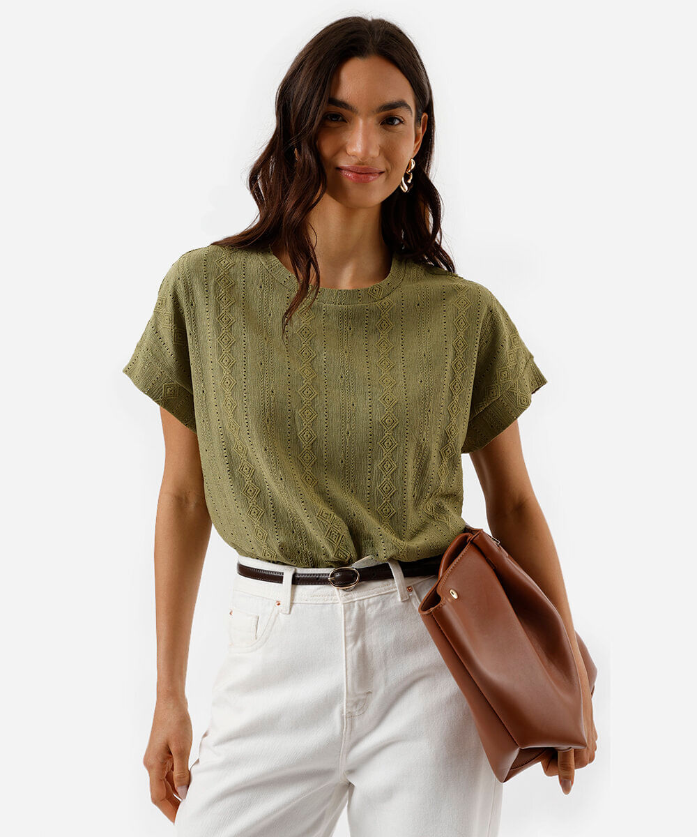 blusa feminina manga curta texturizada verde