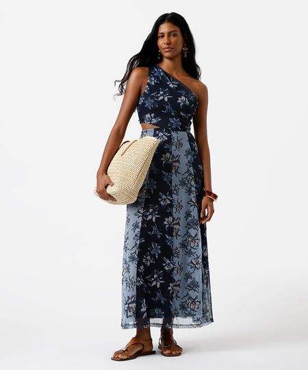 vestido midi ombro único feminino de tule com recorte floral azul G vestido midi ombro único feminino de tule com recorte floral azul G