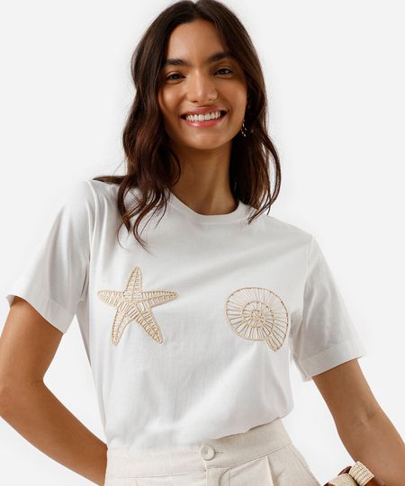 camiseta feminina de algodão bordada off white PP