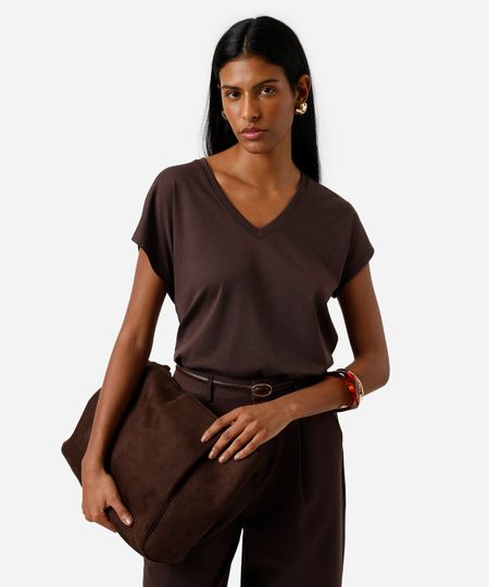 camiseta feminina de algodão peruano decote v marrom GG