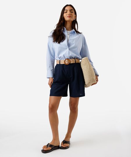 short reto feminino com linho e cinto azul 44 short reto feminino com linho e cinto azul 44