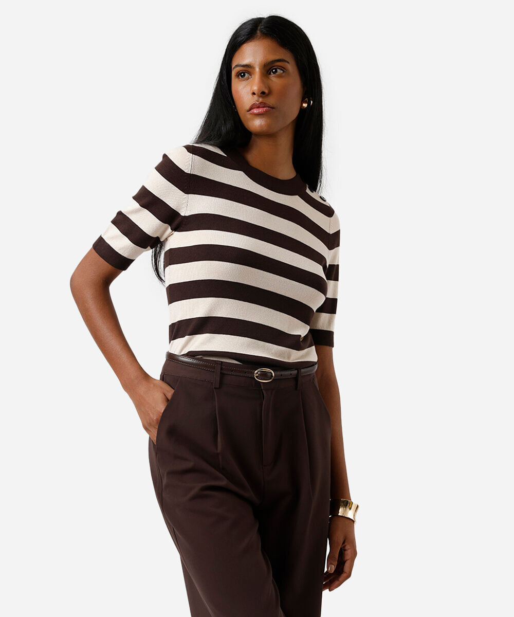 blusa feminina de tricot listrada marrom