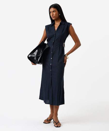 vestido midi chemise feminino com linho azul P vestido midi chemise feminino com linho azul P