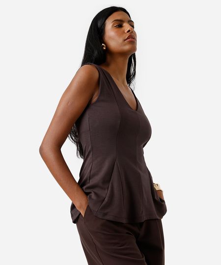 regata peplum feminina com viscose decote v marrom PP