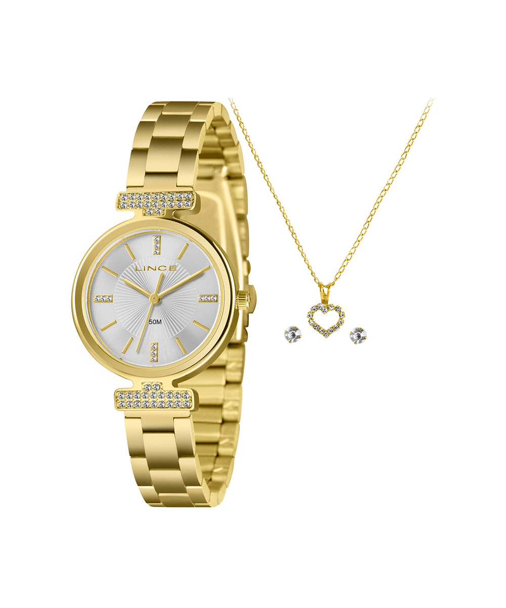 kit relógio feminino lince analógico lrgh259l30 kacls1kx dourado