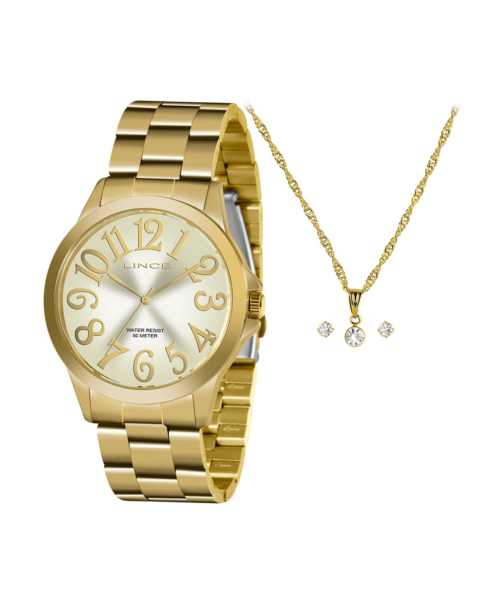 kit relógio feminino lince analógico lrgj126l kae7c2kx dourado