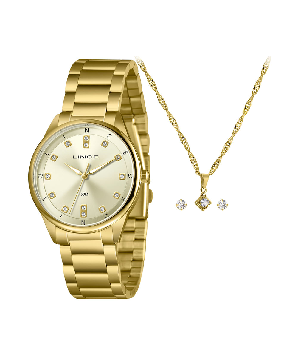 kit relógio feminino lince analógico lrgh246l40 k0egc1kx dourado