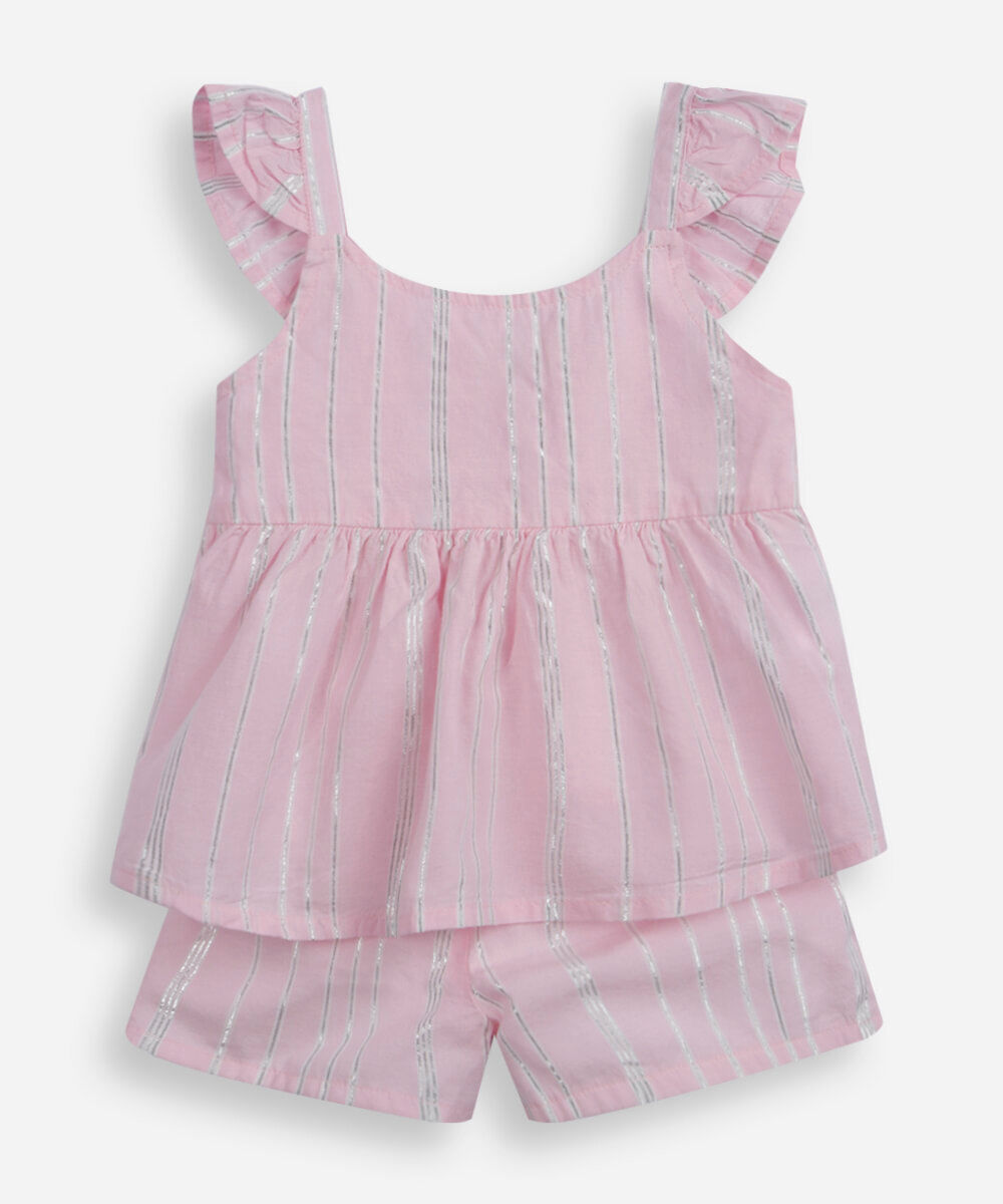 conjunto curto infantil de algodão com lurex listrado rosa