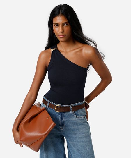 blusa ombro único feminina de algodão com fivela canelada azul P