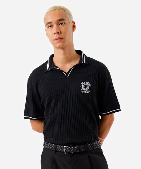 polo box fit masculina com bordado canelada preta PP polo box fit masculina com bordado canelada preta PP