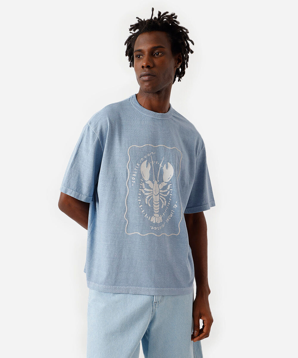 camiseta masculina de algodão estampada estonada azul