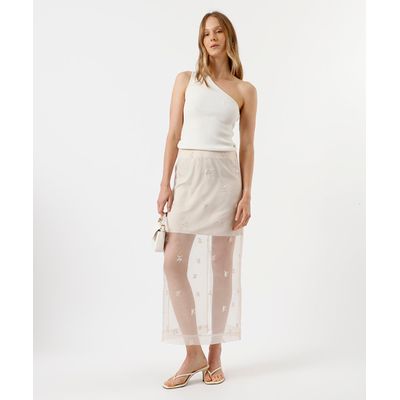 saia midi feminina de organza bordada com fenda off white