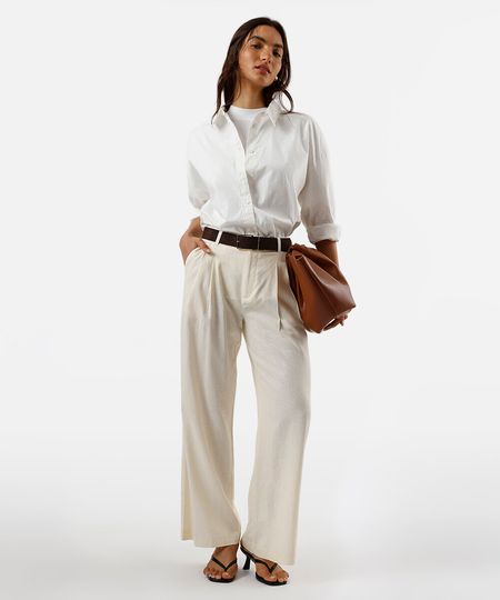 calça wide leg feminina de alfaiataria com linho e pregas amarela 36