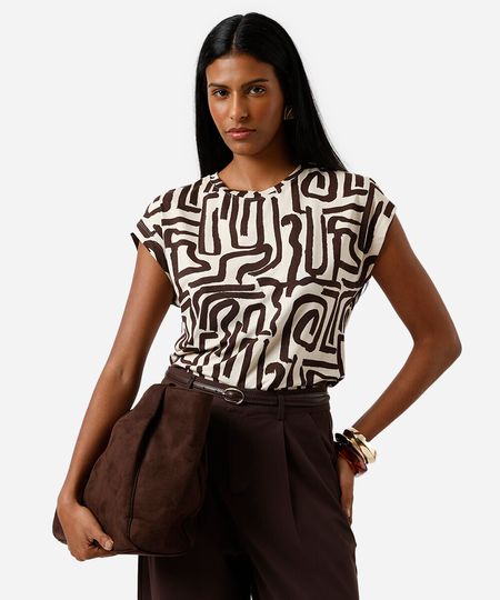 blusa feminina de viscose manga curta geométrica bege PP
